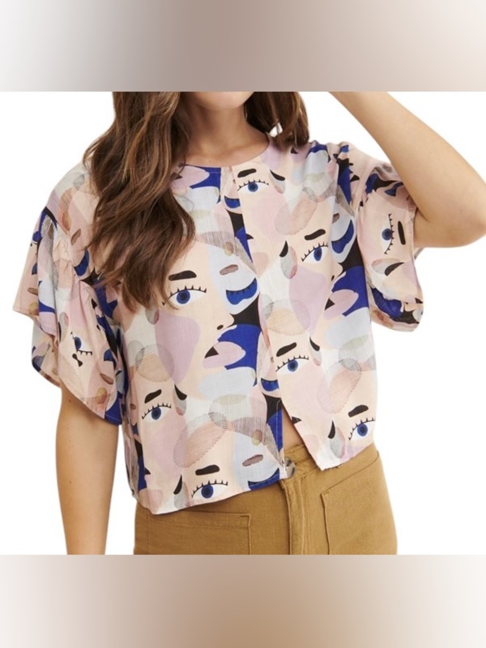 Eve Gravel Show Your Face Abstract Face Print Cropped Blouse XS